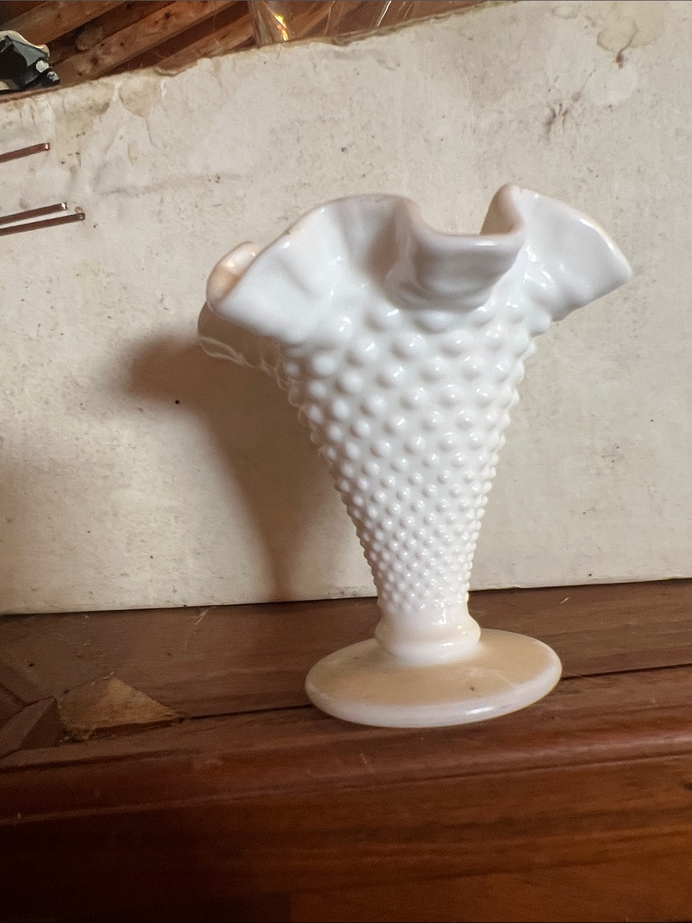 Vintage White Hobnail Milk Glass Ruffled Vase